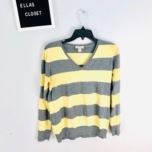 LOFT Gray and Yellow Striped V-Neck Sweater